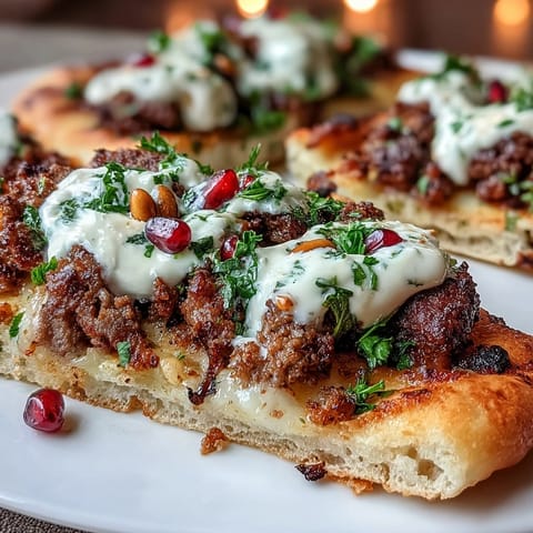 Warm spiced lamb flatbread pizza with creamy yogurt, pomegranate seeds, and fresh mint, baked to golden perfection for a flavorful Middle Eastern meal.