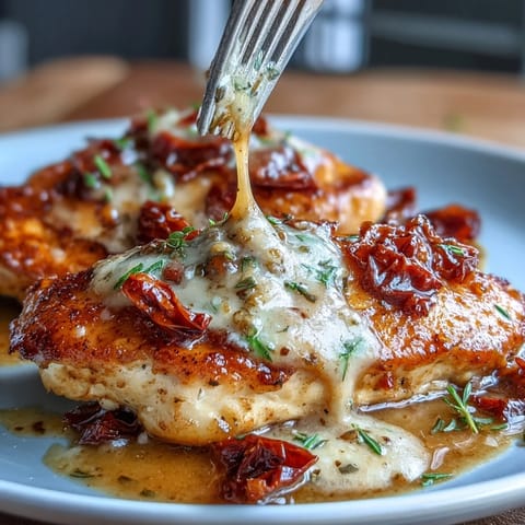 Creamy Marry Me Chicken with sun-dried tomatoes and garlic in a rich Parmesan sauce, served hot and bubbling.