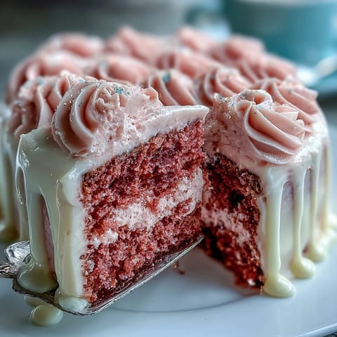 Blush-pink Bridal Shower Rosé Velvet Cake with stunning gold drip.