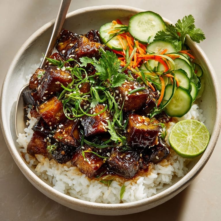 Savory and sweet miso ginger glazed eggplant bowls ready to be devoured, a Japanese-inspired weeknight meal idea.