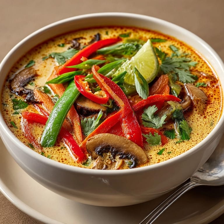 Vibrant photo of homemade Thai Ginger Coconut Curry Soup, ready to warm you on a chilly evening.