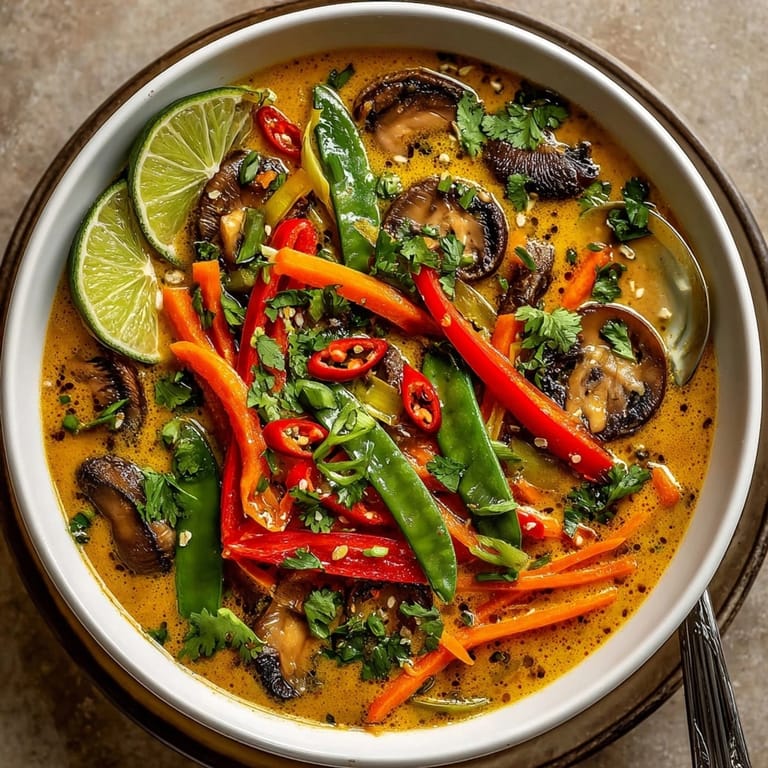 Thick and creamy Thai Ginger Coconut Curry Soup with colorful vegetables in a delicious, fragrant broth.