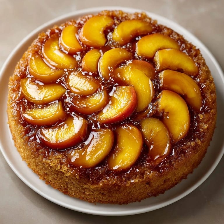 Close-up of a delicious Ginger Peach Upside-Down Cake, with a sweet, gingery aroma and texture.