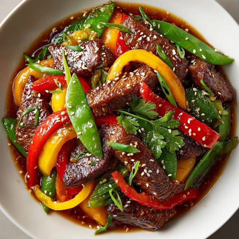Perfectly cooked Asian style ginger beef stir-fry boasting tender beef and colorful, crispy vegetables.