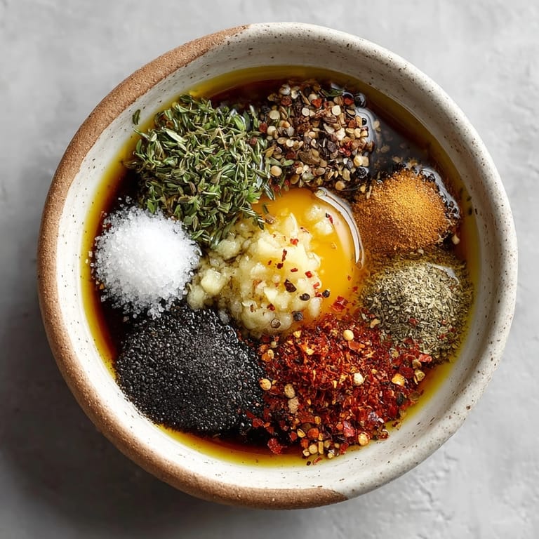 Aromatic Ginger & Garlic Savory Marinade coating steak; imagine the delicious, savory umami flavors infusing.