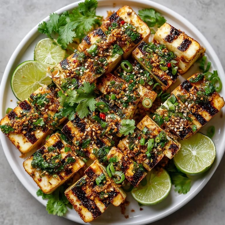 A close-up view of flavorful Thai Ginger Lime Grilled Tofu, garnished and ready for a vibrant meal.