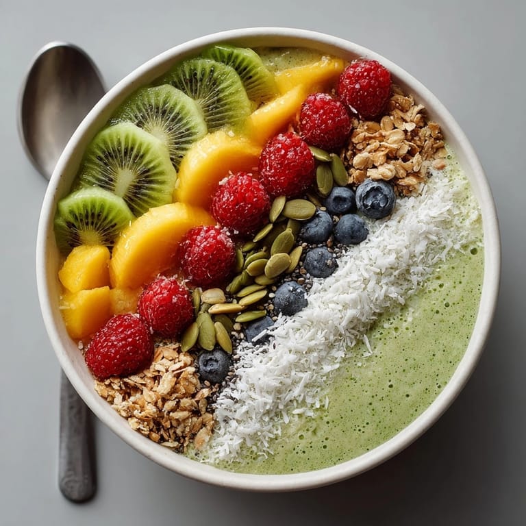 A delicious closeup of Fresh Ginger and Matcha Smoothie Bowl, a healthy breakfast piled high with fresh fruit.