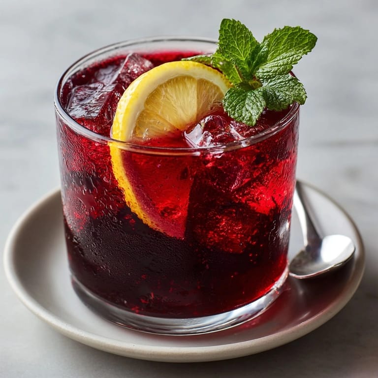 The ruby red color of the Spiced Ginger Hibiscus Iced Tea beckons, topped with fresh mint and citrus.