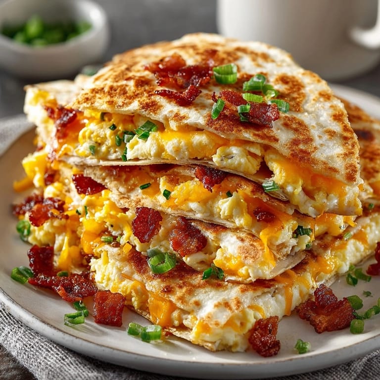 A close-up shot shows cheesy bacon and egg breakfast quesadillas, cut and ready to devour!