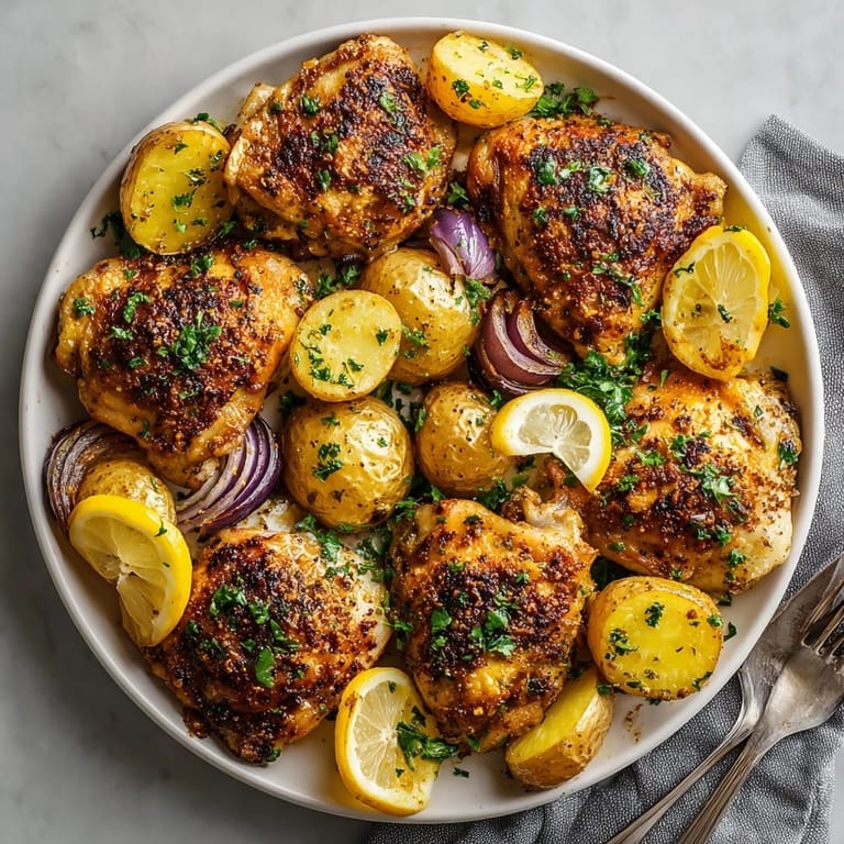 Hearty Lemon Herb Chicken and Potatoes with golden chicken and perfectly roasted potatoes; a flavorful Mediterranean meal.