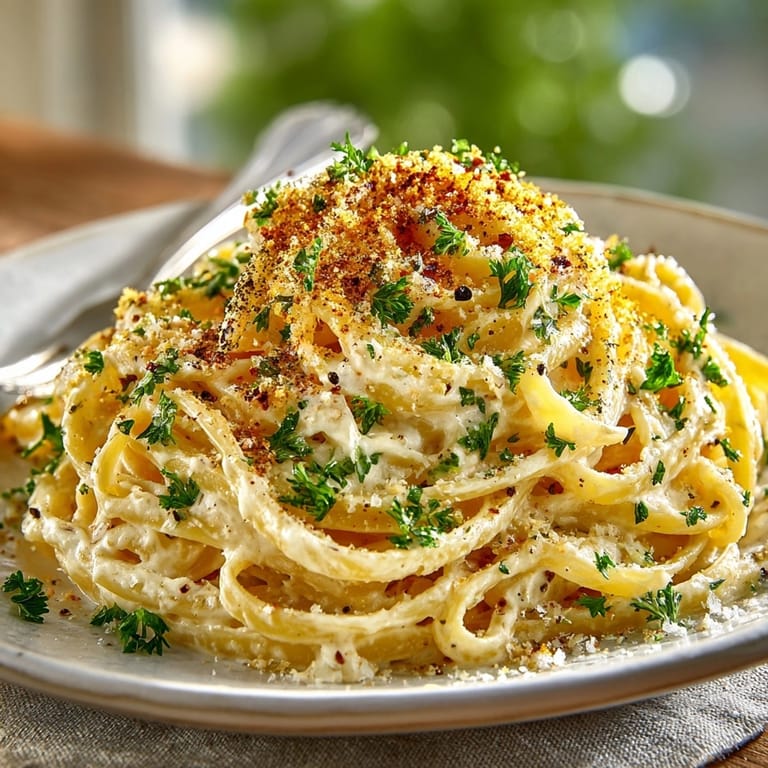 This appetizing shot shows the rich Cashew Alfredo Pasta before adding the Parmesan.
