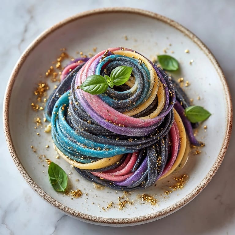 Visual delight: Fresh galaxy pasta, featuring a black activated charcoal swirl, prepared from scratch.