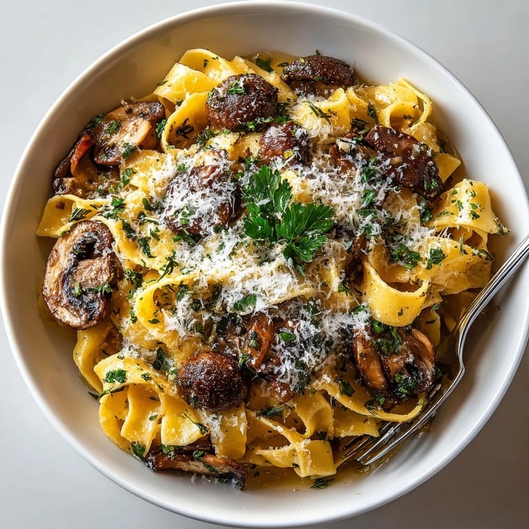 Elegant close-up of plated Mushroom Duxelles Pasta with Truffle Oil Mist, perfect for a dinner party.