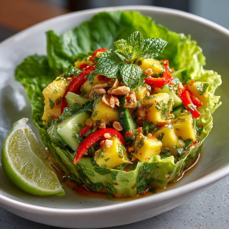 Bright, refreshing Thai Mango Avocado Salad Cups topped with peanuts and lime wedges.