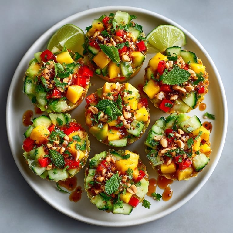 Vegan-friendly Thai Mango Avocado Salad Cups filled with sweet mango, creamy avocado, and veggies.