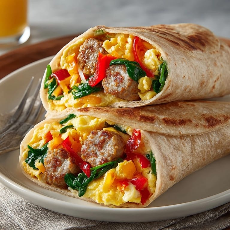 Hearty breakfast wrap with turkey sausage sliced open to reveal melted cheese and vegetables