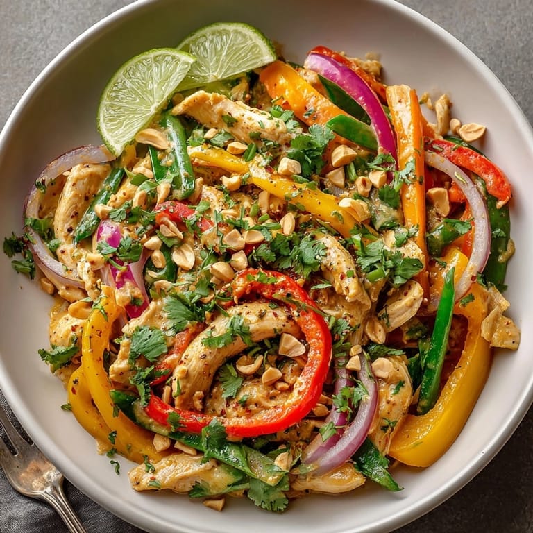 Thai Peanut Chicken Stir-Fry served over jasmine rice, topped with fresh cilantro and roasted peanuts