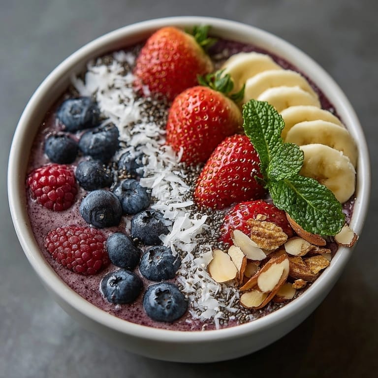 Creamy Protein Smoothie Bowl with Berries served cold for a refreshing, energizing breakfast.