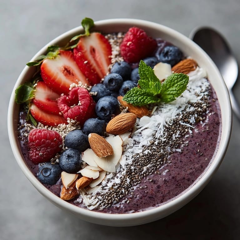 Chilled Protein Smoothie Bowl with Berries, coconut, and mint arranged for a colorful snack.