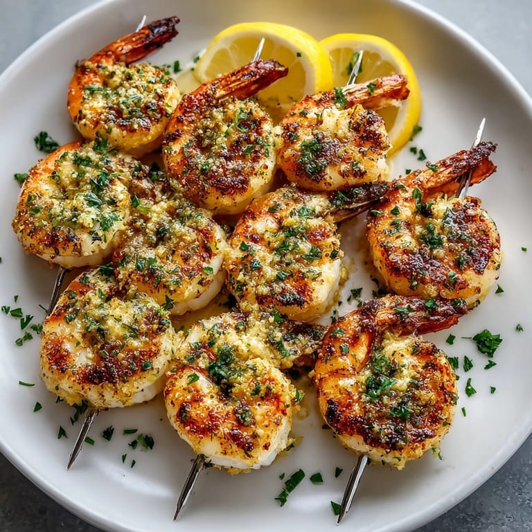 Grilled garlic butter shrimp skewers, their golden edges glistening, ready for a summer dinner party.
