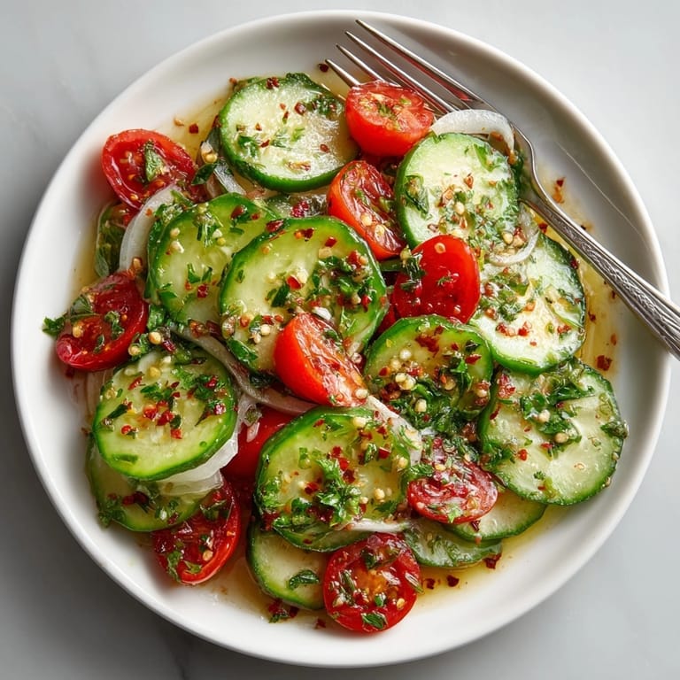 Chopped cucumbers, onions, and tomatoes marinated together, creating a crisp and colorful side dish.