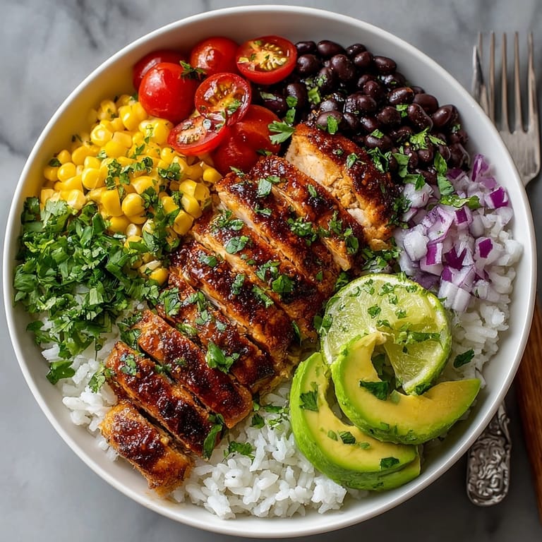 Bowl of honey chipotle chicken rice, black beans, and corn garnished with zesty lime dressing.