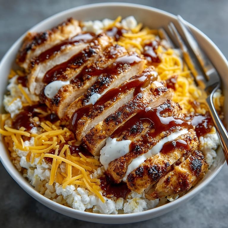 Juicy grilled chicken over cottage cheese in a Macro Friendly BBQ Ranch Chicken Bowl, garnished for lunch