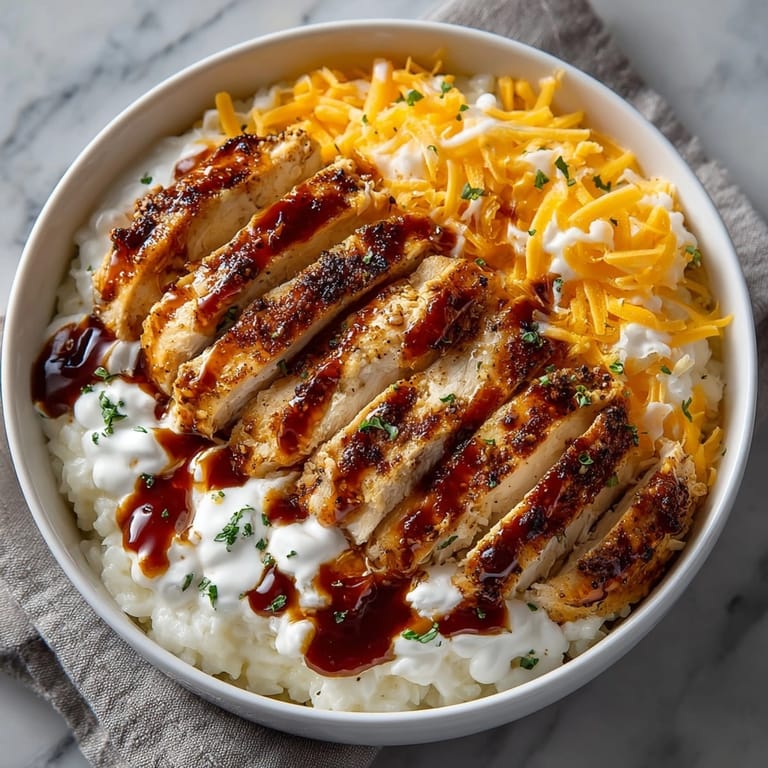Protein-packed Macro Friendly BBQ Ranch Chicken Bowl featuring smoky BBQ sauce and vibrant shredded cheddar cheese