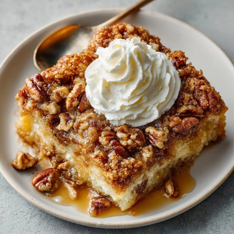 Closeup of gooey pecan pie dump cake featuring caramelized pecans and a buttery crumble.