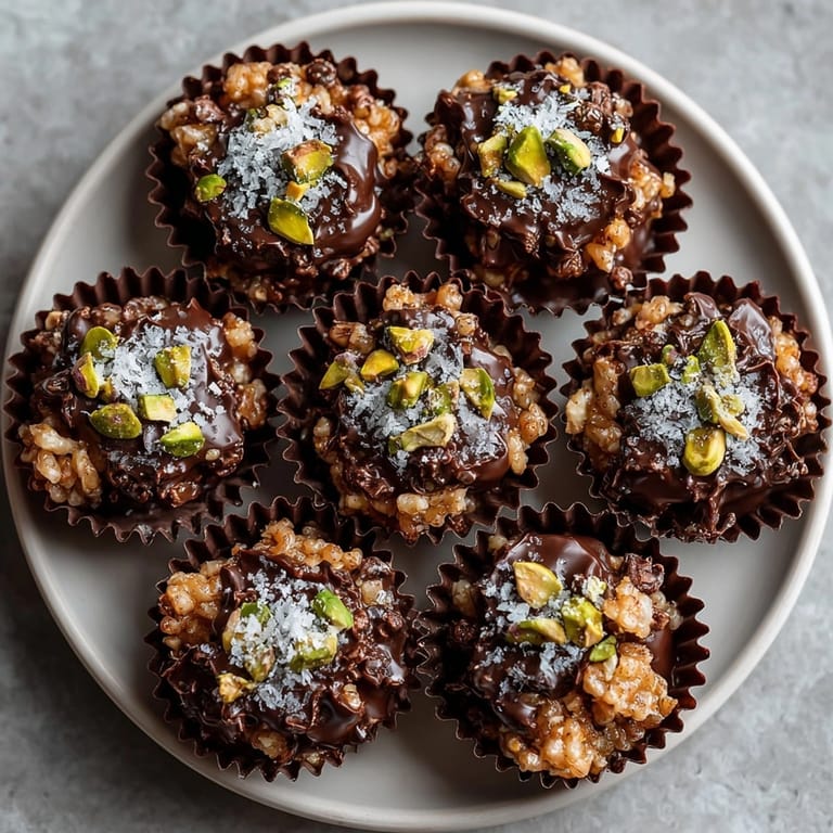 Closeup of chocolate pistachio pralines in mini paper cups, glistening with glossy chocolate and toasted nuts.