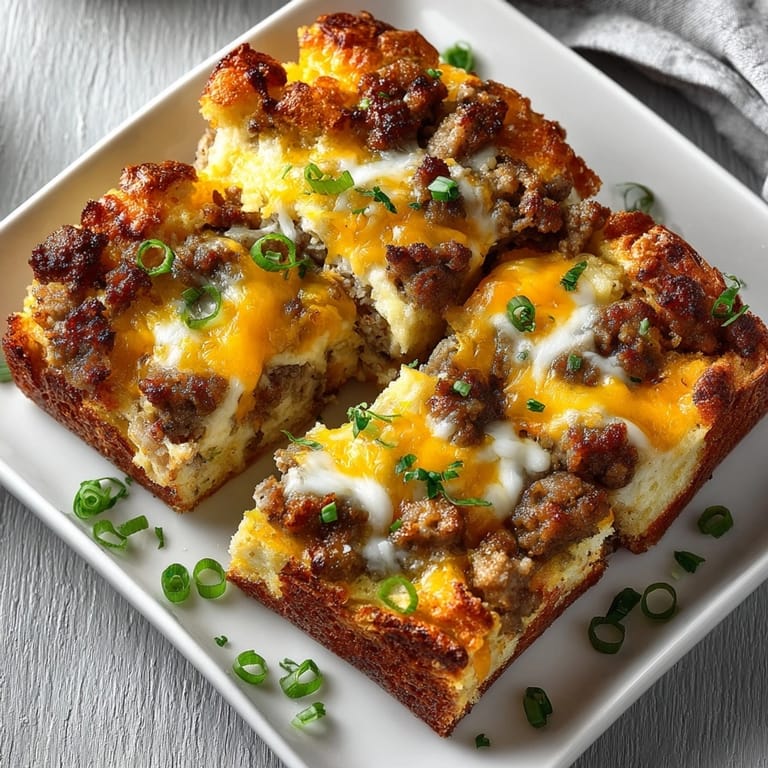 Overnight breakfast casserole served warm, highlighting browned sausage, toasted bread, and bubbling cheddar cheese.