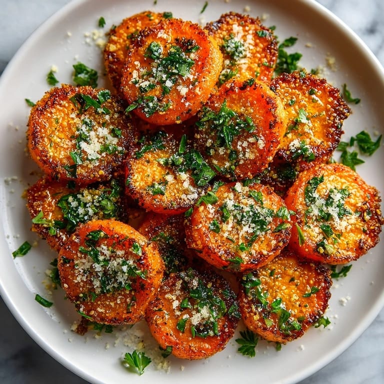 Crispy smashed carrots served warm on a baking sheet, accented with parmesan cheese and spices.