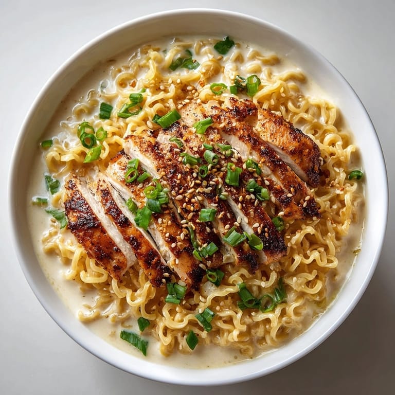 Fiery Chicken Ramen with Creamy Garlic Sauce topped with sesame seeds for a flavorful finish.