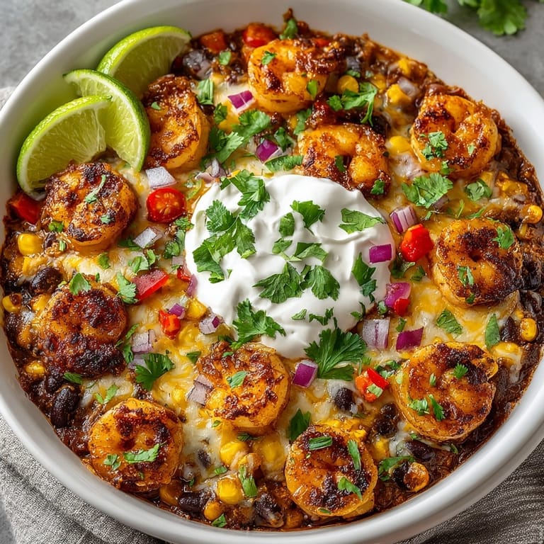 Savory Shrimp Enchilada Skillet with melted cheese—a fast weeknight meal with vibrant veggies.