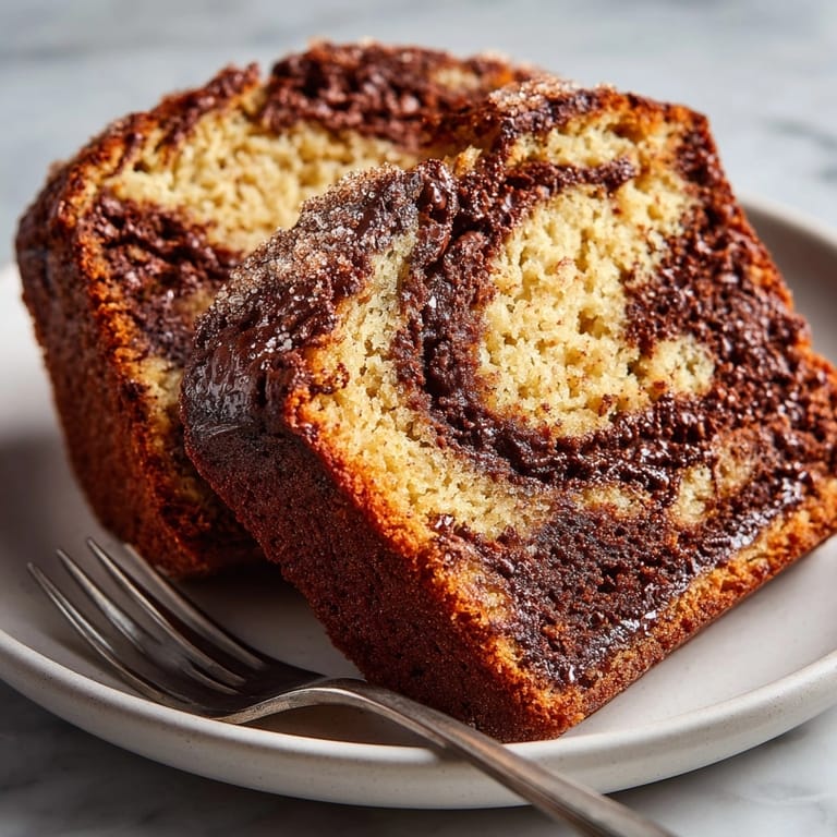 Deliciously moist Cinnamon Cocoa Banana Bread showing the dark swirls of cocoa.