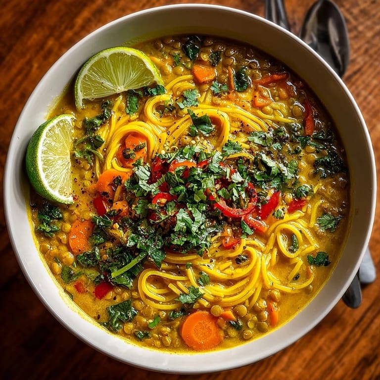 Easy vegan Thai Yellow Curry Lentil Soup ready to serve; hearty and flavorful dinner.