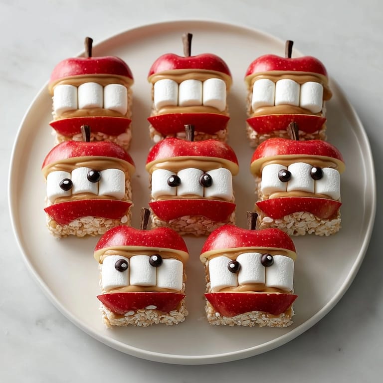 Making Apple Monster Mouths: Peanut butter holds marshmallow teeth, ready for seed fangs.