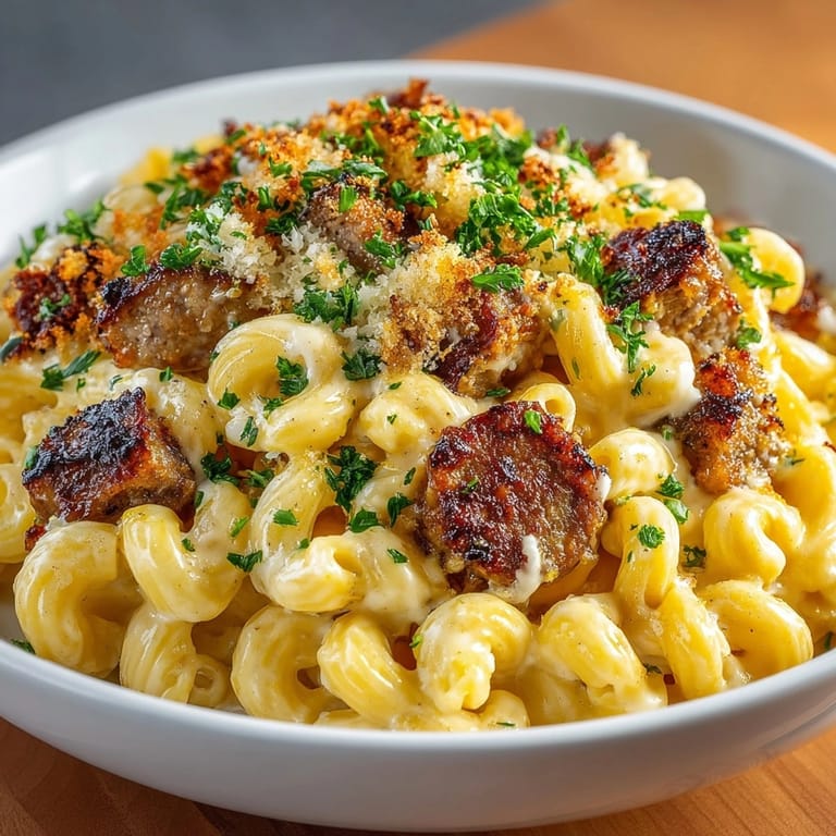 Golden-crusted vegan bratwurst mac & cheese, the perfect weeknight dinner; rich and savory.