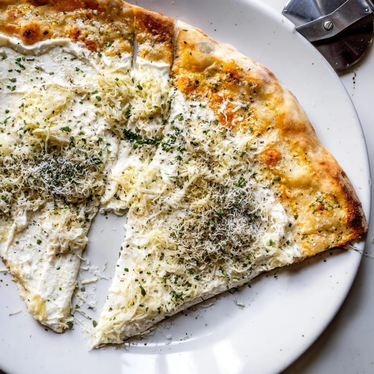 Close-up of a cheesy White Pizza showing a creamy, rustic, and flavorful bite.