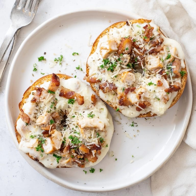 Homemade Alfredo Chicken Bacon Pizza Bagels: Easy, savory weeknight meal featuring creamy Alfredo sauce and crispy bacon.