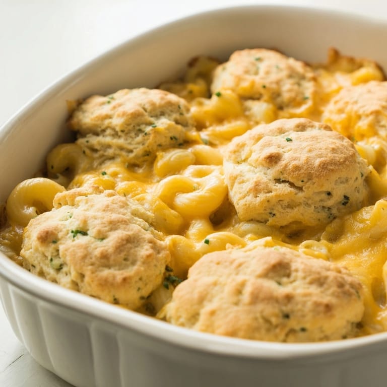Creamy, homemade Mac and Cheese Chive Biscuit Bake casserole ready to be sliced.