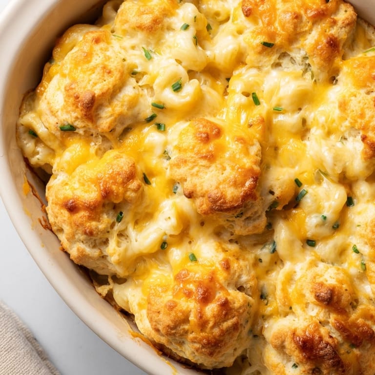 Close-up of a warm, cheesy Mac and Cheese Chive Biscuit Bake slice.