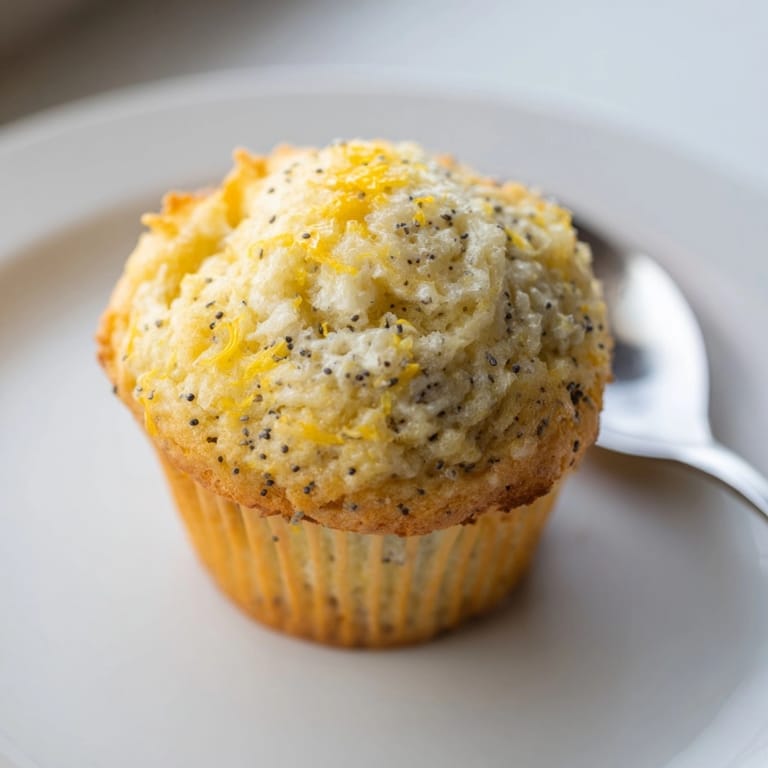 Warm, homemade Ricotta Lemon Poppyseed Muffins, ready to enjoy with morning coffee.