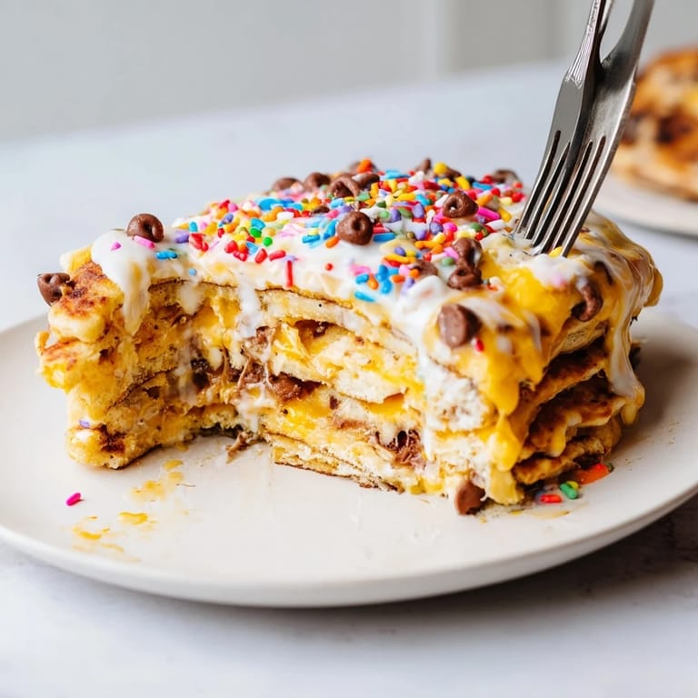 Fluffy pancake bars bursting with rainbow sprinkles and gooey cheddar cheese delightfully.  