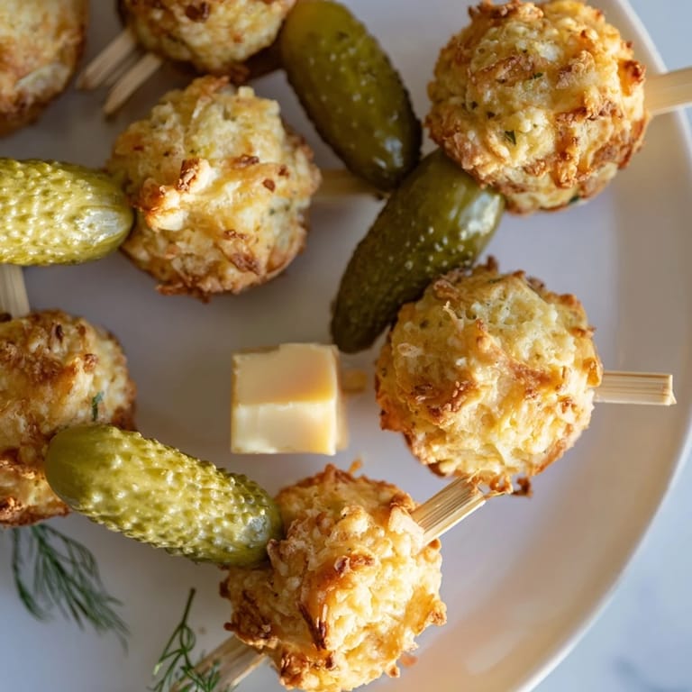 Fluffy muffin skewers featuring tangy dill pickles and sharp cheddar cheese bites.  