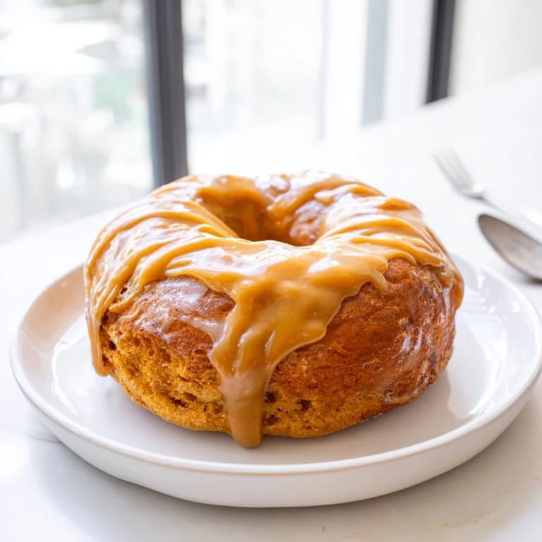 Delicious baked donut showcasing chai spices, coffee flavor, and a glossy caramel topping.