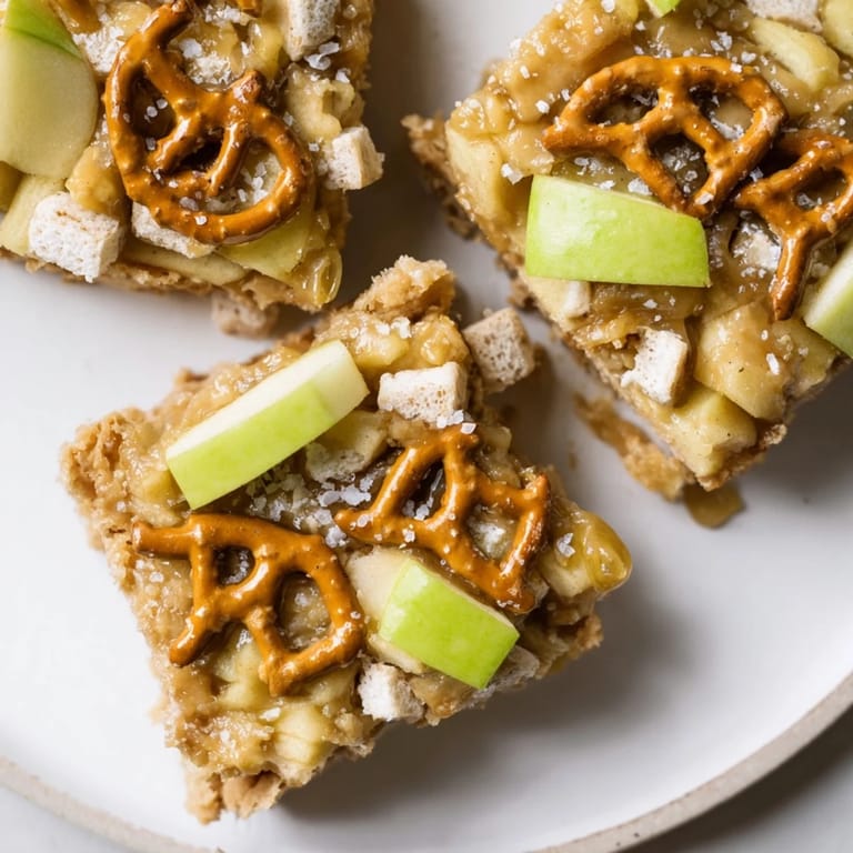 Crunchy pretzels unite with spiced apples in decadent Caramel Apple Spicy Pretzel Biscuit Bars.