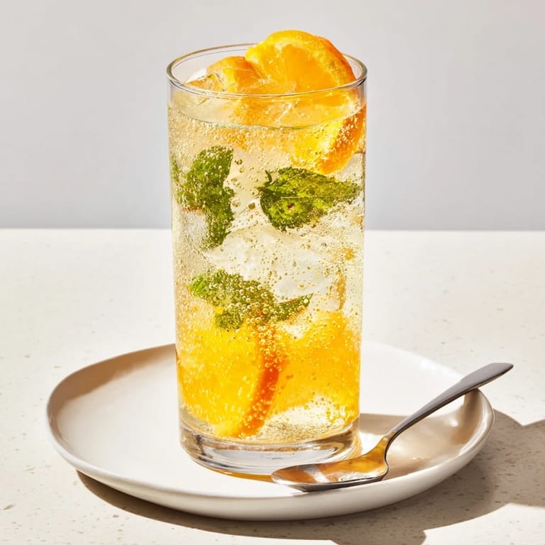 Vibrant homemade probiotic soda mocktail, garnished with orange slices and fresh herbs.  