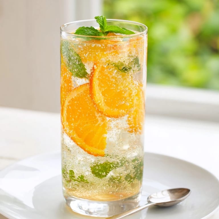 Sparkling probiotic soda mocktail served over ice, brimming with zesty citrus flavors.