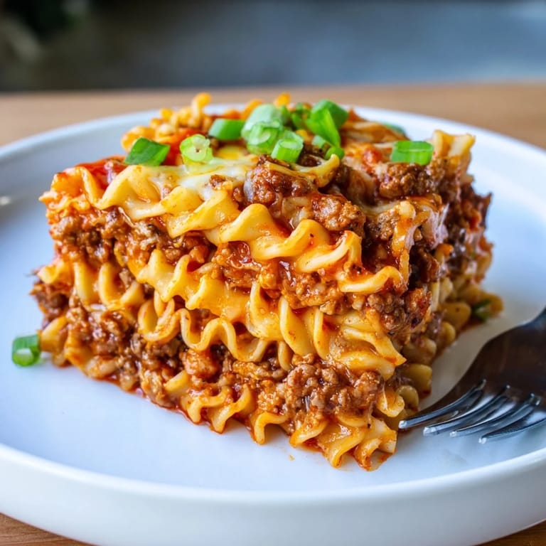 Comforting spicy ramen lasagna, featuring tender noodles and rich ground pork sauce.